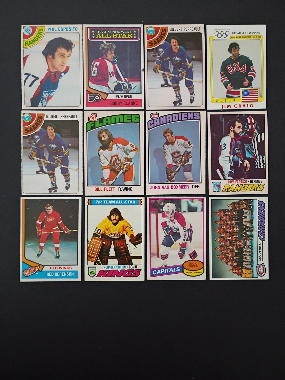 12 vintage 1970s 80s Hockey cards Phil Esposito Perreault Flett Berenson Farrish